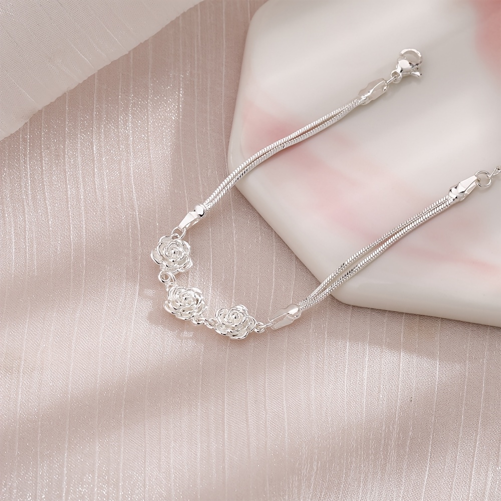 Handcrafted Silvery Rose Double Layer Pendant Bracelet